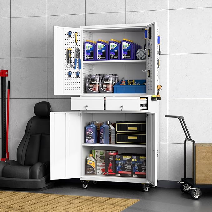 71" H Rolling Tool Storage Cabinet with Pegboard and 2 Drawers,Metal Garage Storage Cabinet with Wheels 4 Doors and Adjustable Shelves for Garage, Kitchen,Office,Required Assembly,White