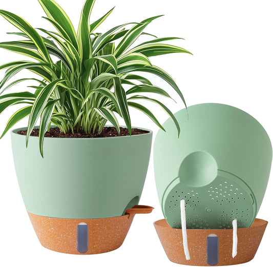 2 Pack 10 inch Plant Pots, Plastic Self Watering Planters with Drainage Holes, Deep Reservoir, Water Level Indicator, Modern Decorative Flower Pots for Indoor Outdoor Plants (Green, 10 inch)