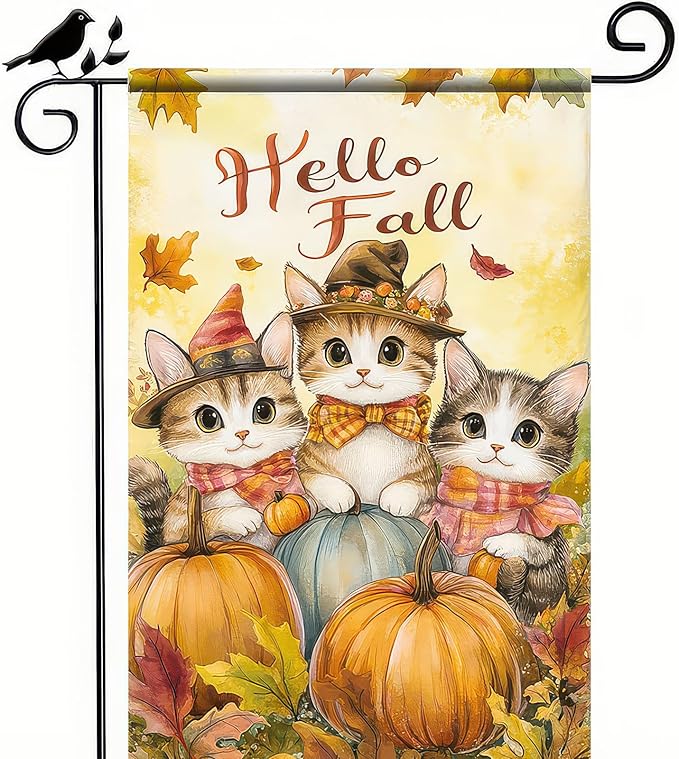 Fall Garden Flag 12x18 Inch Hello Fall Kitten Yard Banner Autumn Cat Outdoor Flag with Pumpkins and Leaves Double Sided Tabby Cat Seasonal Decor for Porch Lawn Thanksgiving