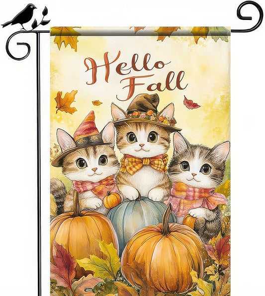Fall Garden Flag 12x18 Inch Hello Fall Kitten Yard Banner Autumn Cat Outdoor Flag with Pumpkins and Leaves Double Sided Tabby Cat Seasonal Decor for Porch Lawn Thanksgiving