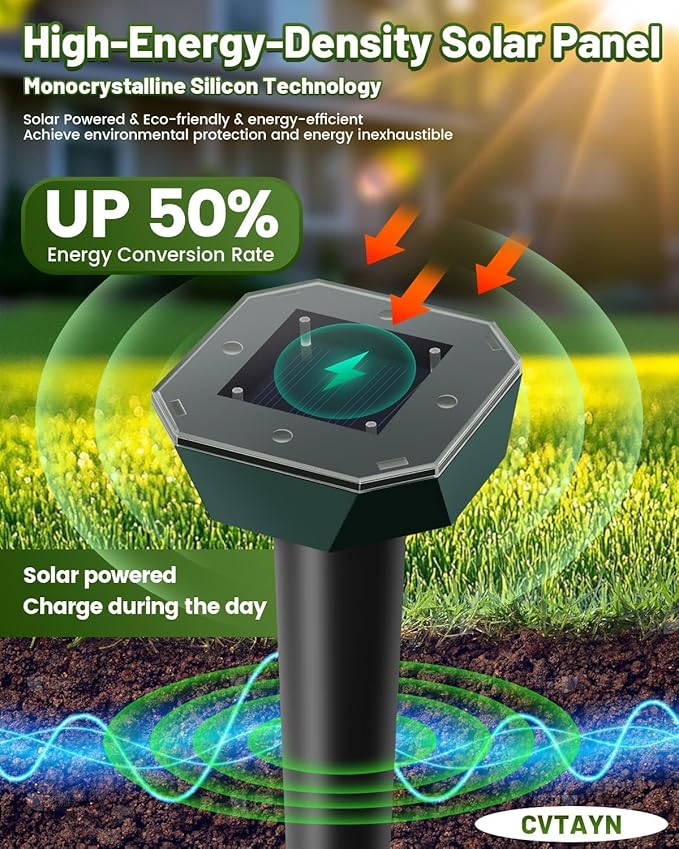 Snake & Mole & Rabbit & Skunk Repellent Solar Powered, 2025 Upgraded Ultrasonic Deterrent, IP65 Waterproof, Gopher Groundhog Chipmunk Raccoon and Vole Repellent & Deterrent for Lawn & Garden, 4 Pack