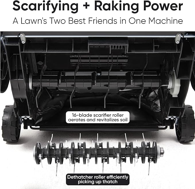 13-Inch 2-in-1 Electric Dethatcher and Scarifier Lawn Dethatcher with 8-Gallon Removable Thatch Collection Bag, 4-Position Depth Adjustment, 12 Amp, Quick-Fold, Keeps Lawn Healthy