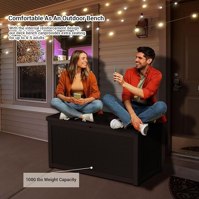 DRATO 260 Gallon Deck Box, Outdoor Large Waterproof Resin Storage Box with Lockable Lid for Patio Cushions, Gardening Tools, Sports Equipment, Black