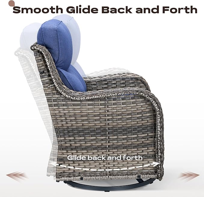 Outdoor Patio Swivel Rocker Chairs Set of 2, Waterproof Wicker, High Back, Deep Seating, Wide Armrest, Upgraded 6 inch Thick Cushions, Side Table, Ideal for Deck Porch Yard, Mixed Grey-Blue