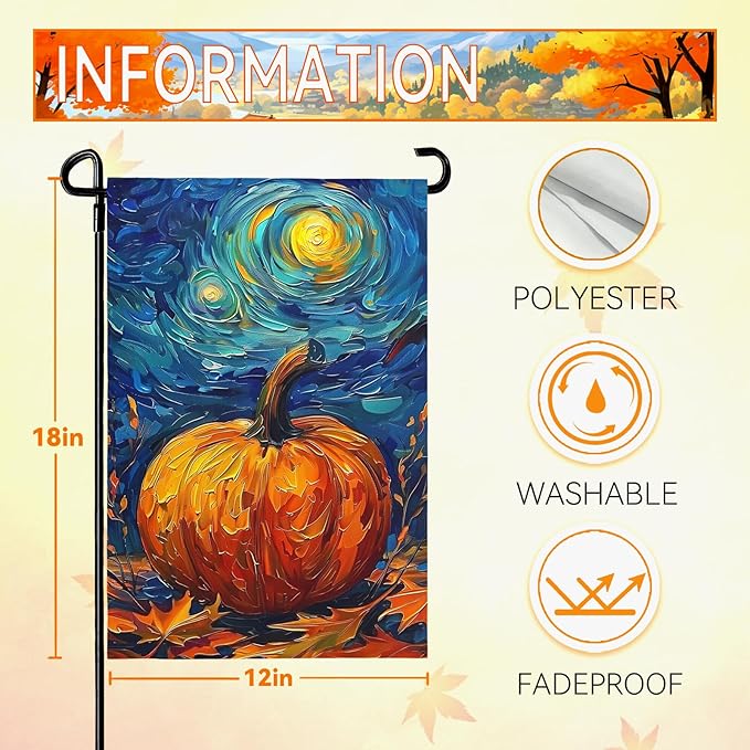 Fall Garden Flag Pumpkin Maple Leaf Yard Flags Van Gogh Garden Flags Art Starry Night Sky Moon Garden Flags Autumn Harvest Thanksgiving House Banner for Patio Farmhouse Outdoor 12 x 18 Inch