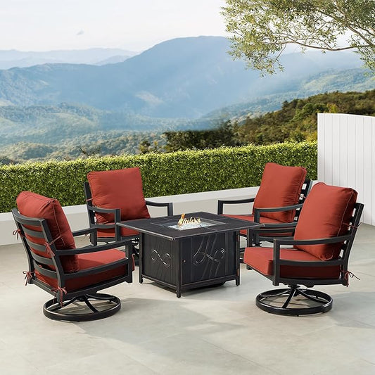 Oakland Living Black Aluminum Patio Fire Table Set with Four Club Chairs with Red Cushions