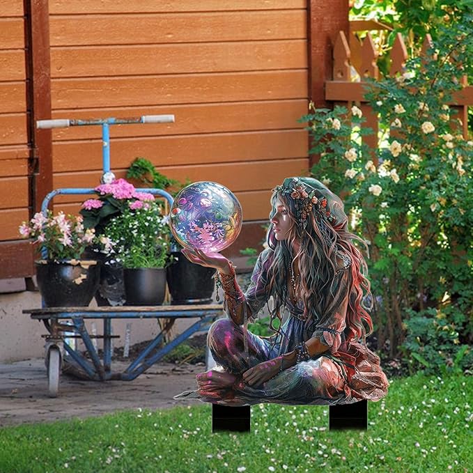 Fairy Garden Stake Decor, 2D Flat Acrylic Fairy Garden Decor Panel, Elf Yard Sign for Outdoor Indoor Yard Lawn Plants Pots, Fairy Garden Accessories (Maiden with Magic Ball)