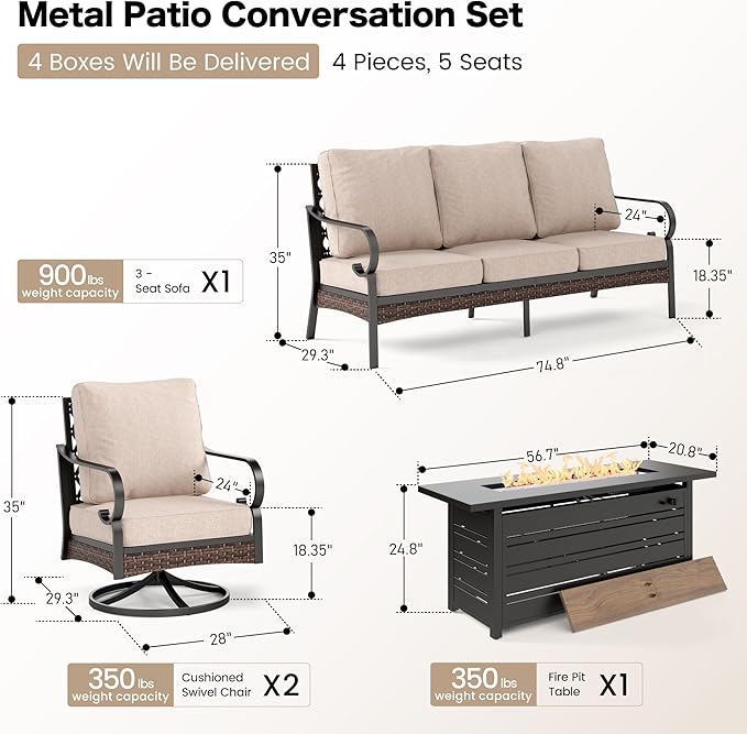 4 Piece Black Metal Outdoor Patio Furniture Sets with Firepit Table, Patio Conversation Sets 1 3-Seater Sofa, 2 Swivel Sofa with 5.75" Thick Cushion Backyard Furniture for Deck, Beige