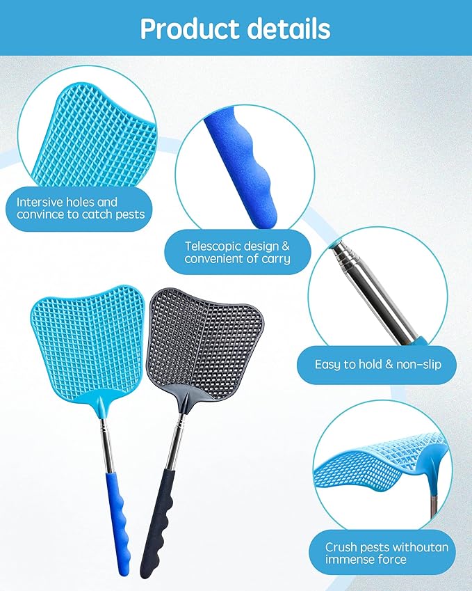 Fly Swatter Heavy Duty Set, with Durable Telescopic Stainless Steel Extendable Handles, for Home, Classroom and Office, 2Pcs, 2 Colors