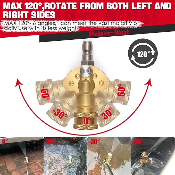Meteor Blast Pivoting Coupler, 120 Degree with 5 Angles, heavy duty design and Stainless Steel Safety Lock for Pressure Washer Spray Nozzle, Clean Hard to Reach Area, 5000PSI, 1/4” Quick Connect