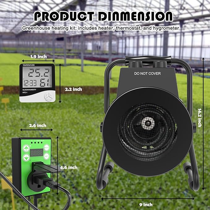 Greenhouse Heater with Thermostat - Portable Patio Outdoor Heater for Green House, Overheating Protection, Fast Heating, Garage Outdoor Use, Silver, Medium