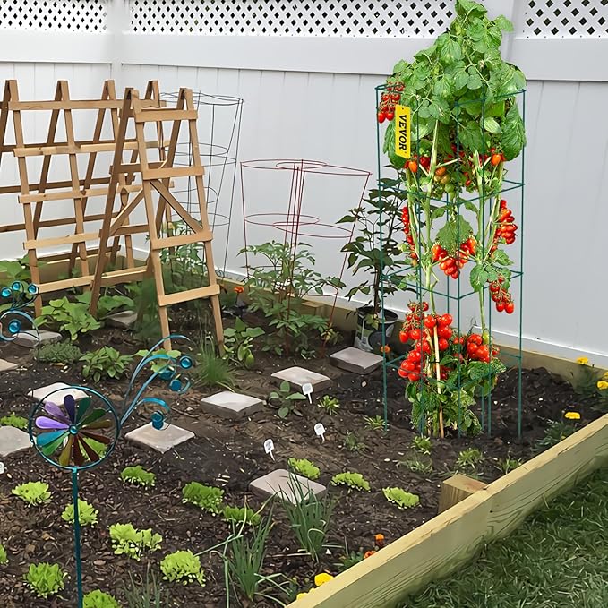 VEVOR Tomato Cages, 14.6" x 14.6" x 39.4", 6 Packs Square Plant Support Cages, Green PVC-Coated Steel Tomato Towers for Climbing Vegetables, Plants, Flowers, Fruits