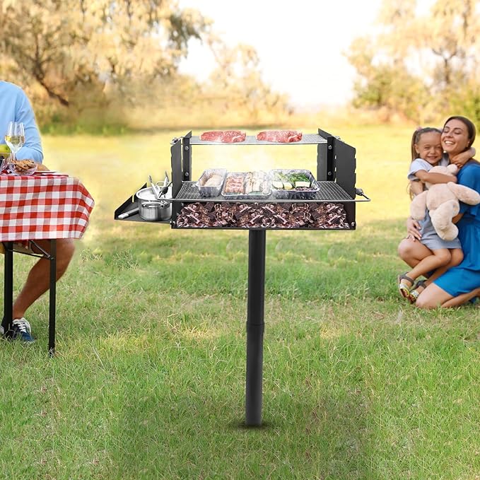 Adjustable Height Large Park Style Grill, Single Post Outdoor Grill, Portable Park Style Charcoal Grill, Camp Grilling Barbecues for Outdoor Barbecues, Parties, Camping.