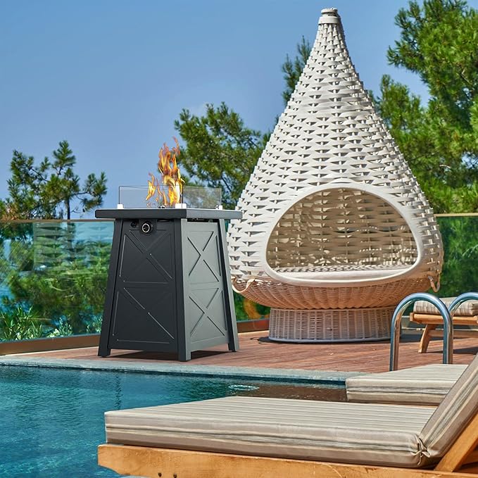 19.5 Inch Steel Fire Table, 40,000 BTU Outdoor Gas Fire Pit, Modern Pattern Patio Column Propane Fire Pit w/Glass Rocks, Cover, Lid, Glass Wind Guard