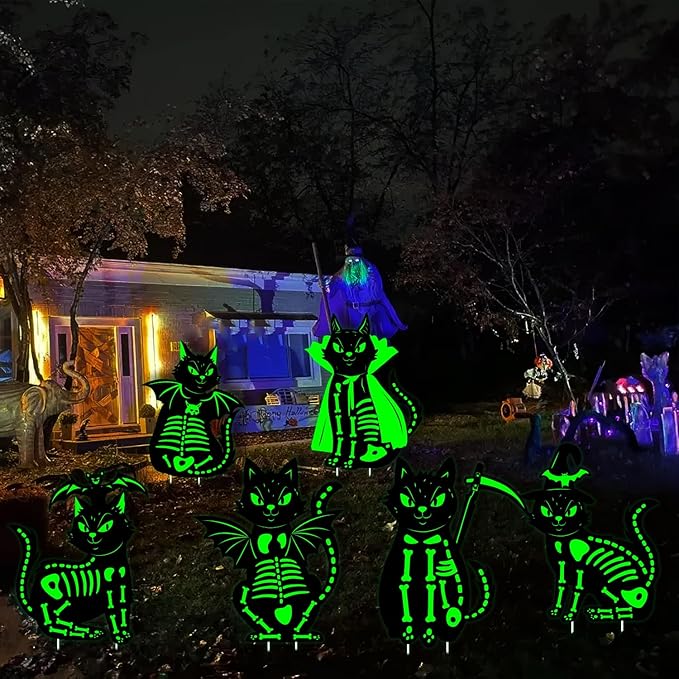 6Pcs Glowing Black Cat Halloween Decorations Outdoor, 16.5”×12.6” Spooky Yard Sign with Stakes for Porch, Party and Scary Graveyard Displays, Waterproof and Durable creepy Halloween lawn decor