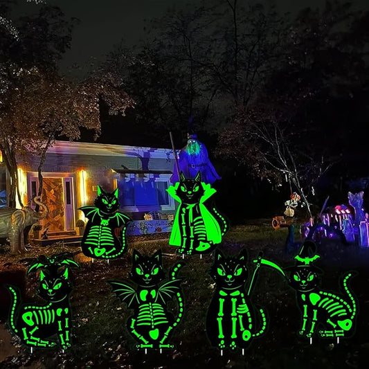 6Pcs Glowing Black Cat Halloween Decorations Outdoor, 16.5”×12.6” Spooky Yard Sign with Stakes for Porch, Party and Scary Graveyard Displays, Waterproof and Durable creepy Halloween lawn decor