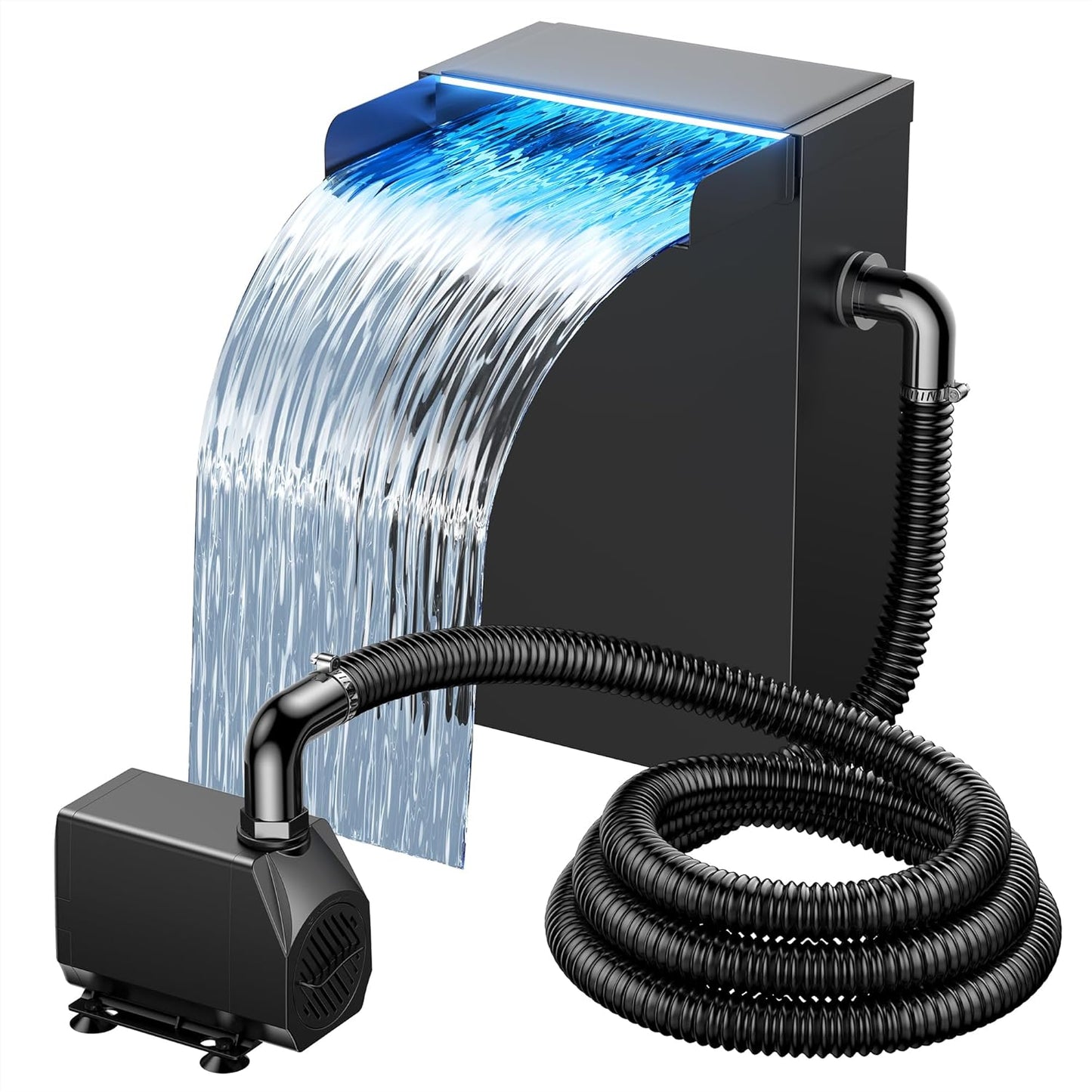 NFESOLAR Pond Waterfall Spillway Kit, Includes Large 7.8" W 13.4" H Stainless Waterfall Box, 660GPH Water Pump, Blue LED Lights for Garden Outdoor Pond 500-1500 Gallons N4213