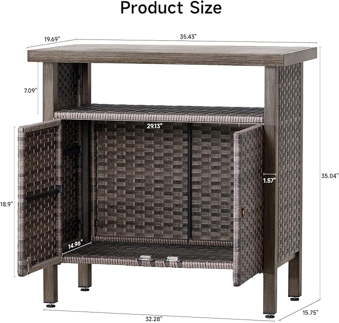 Outdoor Storage Cabinet, Woven Rattan Bar Table with 2 Doors, Slatted-Top, Wicker Console Table for Patio, Garden, Backyard, Kitchen - Brown