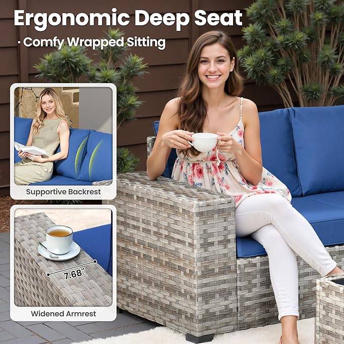 ovios 13 Pieces Patio Furniture Set, Outdoor Wicker Sectional Sofa with 54 Inch Fire Pit Table Comfy Cushions, Modern Modular Deep Seat Rattan Couch Conversation Set, Navy Blue