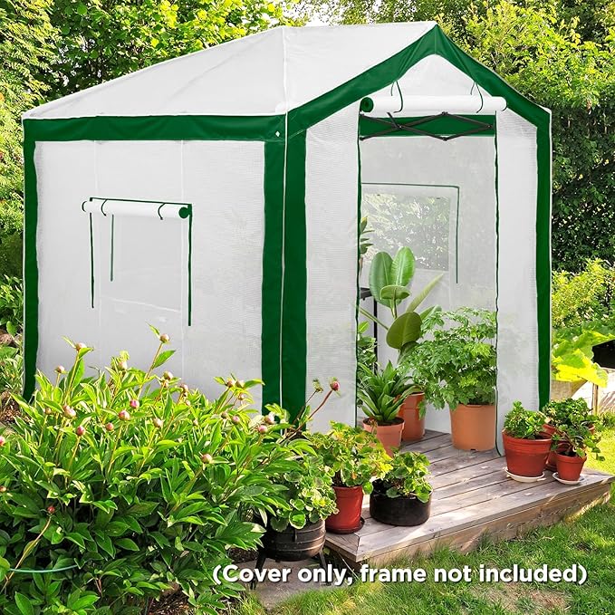 EAGLE PEAK Replacement Cover for 8x6 Portable Pop up Greenhouse with Polyester Reinforced Corners, Front Roll-Up Zipper Entry Door and 3 Large Roll-Up Side Windows (Frame Not Included), Green/White