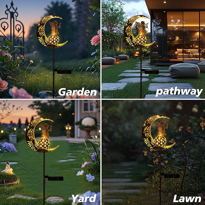 ZKLiLi Garden Solar Lights Pathway Stake Lights Moon Fairy with Angel Decor, Gardening Birthday Gift for Mom Grandma Friends, Outdoor Decor Light Waterproof for Walkway, Yard, Patio(Moon Fairy)