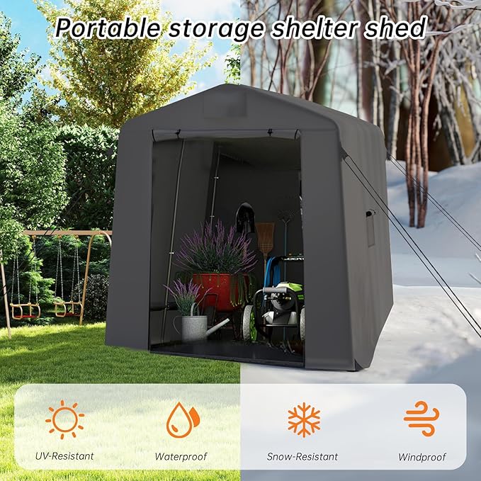 6x8 ft Outdoor Storage Shelter Shed with Roll-Up Zipper Doors & Mesh Windows, Portable Waterproof Storage Tent for Motorcycle, Bike, Firewood, Lawn Mowers, Garden Tools (Black)