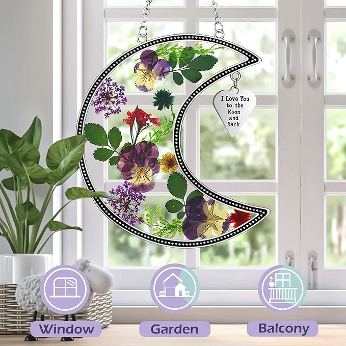 KY&BOSAM Moon Suncatcher I Love You to The Moon and Back Stained Glass for Window Hangings Wind Chime Decor with Pressed Real Flower and Metal Charm Birthday Gift for Women Mom Mother`s Day Christmas