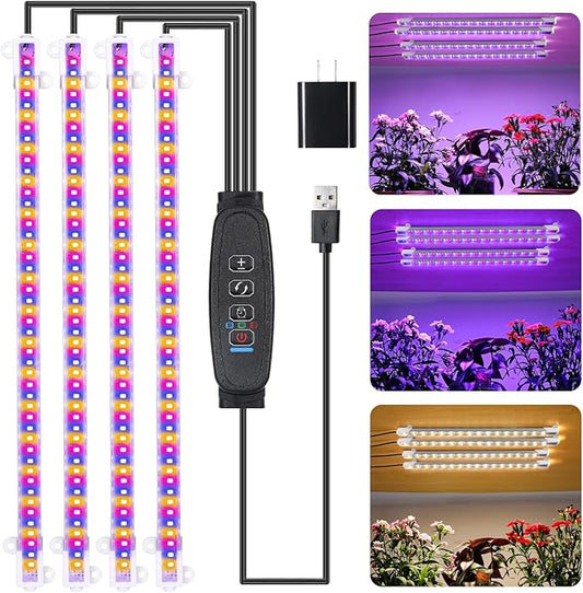 Four Strip Growing Lamp for Indoor Plants, Red & Blue & Yellow Full Spectrum LED Grow Light Strips with Auto ON/Off 3/9/12H Timer,10 Dimmable Levels for Green House Succulent (13 in)