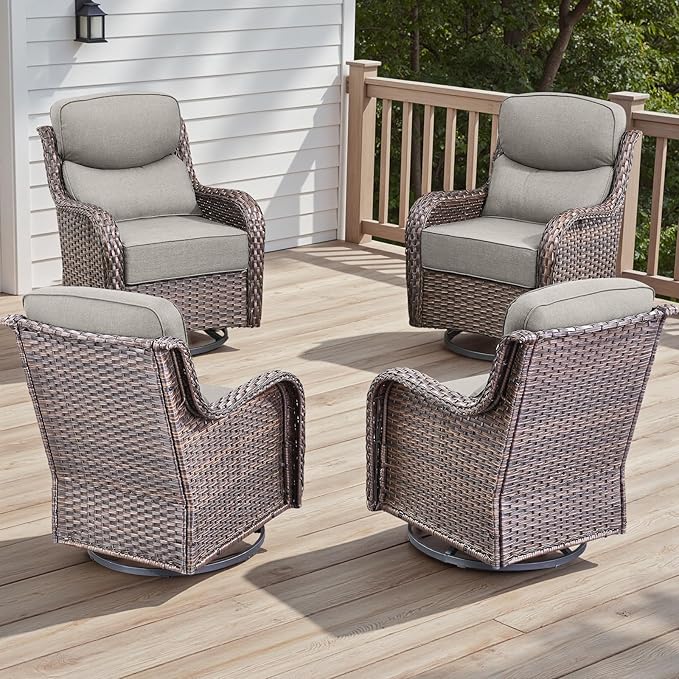 4 Piece Outdoor Patio Swivel Rocker Chairs, Waterproof Wicker, High Back, Deep Seating, Wide Armrest, Upgraded 6 inch Thick Cushions, Ideal for Deck Porch Backyard, Brown/Beige