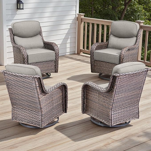 4 Piece Outdoor Patio Swivel Rocker Chairs, Waterproof Wicker, High Back, Deep Seating, Wide Armrest, Upgraded 6 inch Thick Cushions, Ideal for Deck Porch Backyard, Brown/Beige