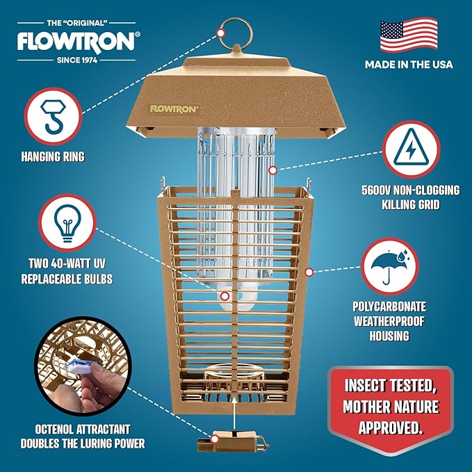 Flowtron Bug Zapper, 1-1/2 Acre of Outdoor Coverage with Powerful 80W Bulb & 5600V Instant Killing Grid, Electric Insect, Fly & Mosquito Zapper, Made in The USA, UL Certified - Tan Color