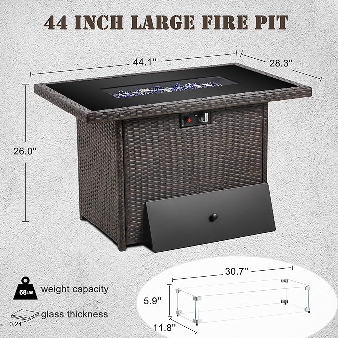 Propane Fire Pit Table,44 Inch 55000 BTU Outdoor Gas Fire Pit Rectangular with Glass Wind Guard for Outside Patio Deck (Brown-Glass Top)