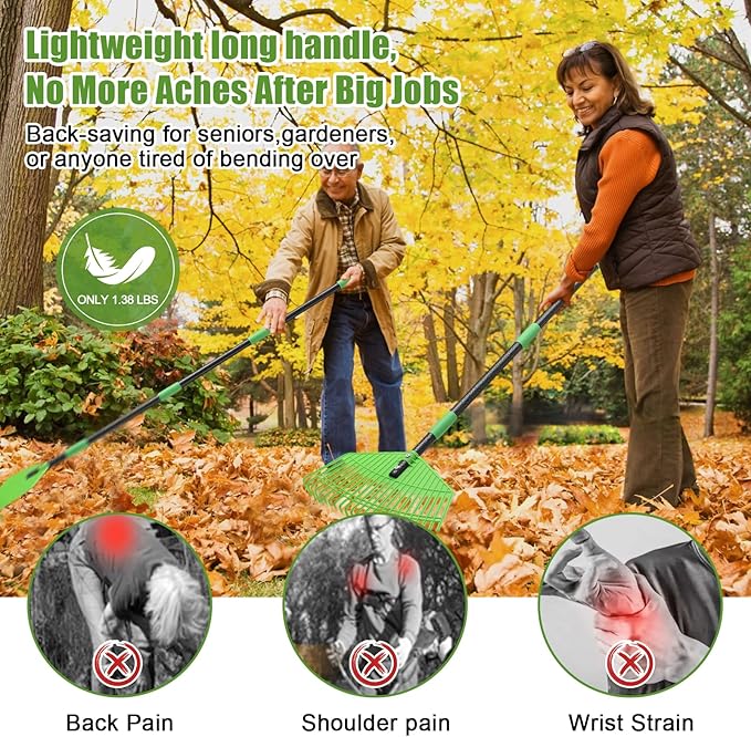 Poly Garden Rake for Leaves - 16.5'' Plastic Leaf Rake for Yard Lawn, 75'' Adjustable Outdoor Heavy Duty Rakes for Sweep Leaves,Grass, Pine Needle,Lightweight Long Handle for Women Seniors Kids