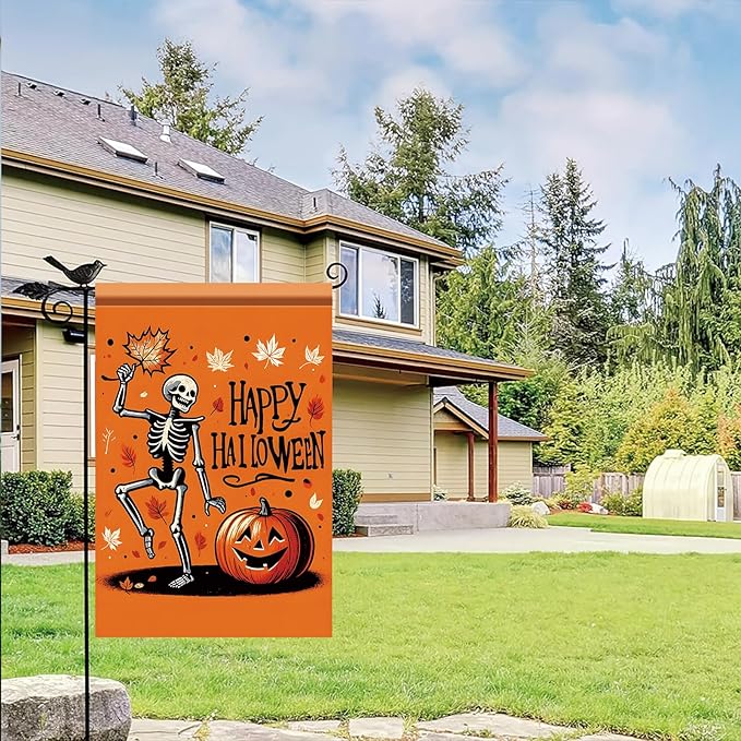 Halloween Garden Flag Skeleton Pumpkin Flag Outdoor Fall Yard Decor 12x18 Inch Double Sided Decorative Banner for Lawn Patio Holiday Party Decoration Spooky Autumn Seasonal House Flag