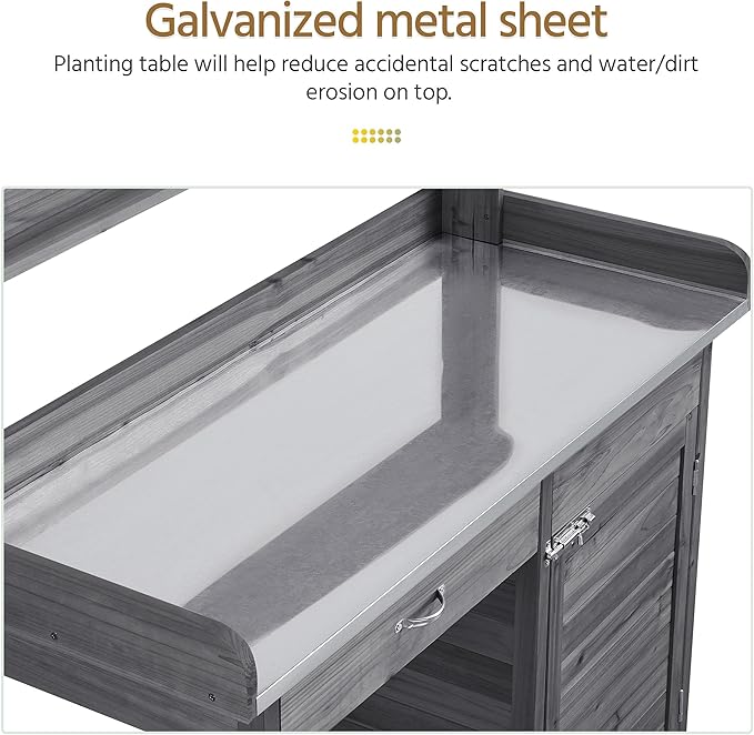 Yaheetech Outdoor Potting Bench Table, Garden Workstation w/Metal Tabletop/Cabinet Drawer/Open Top/Lower Shelf/Handy Hooks for Horticulture,Gray