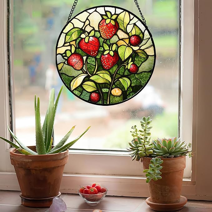 Stained Glass Window Hanging - Red Strawberry Suncatcher for Doors Window Home Green Plant Sun Catchers Decor Christmas Mother's Day Birthday Gifts for Teacher Women Men Mom Nana 7.8 in