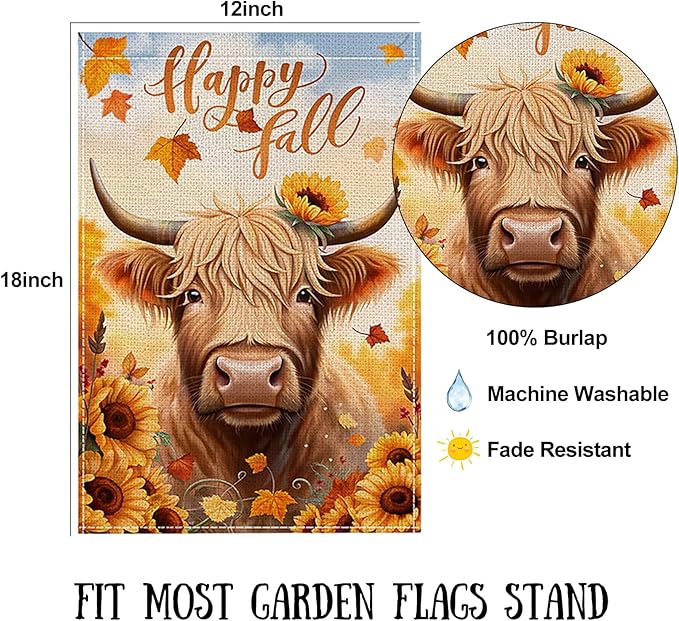 Fall Garden Flag 12 x 18 Inch Double Sided Cow Maple Leaves Sunflower Designs Autumn Burlap Yard Flag for Outside Rustic Yard Outdoor Holiday Home Decoration
