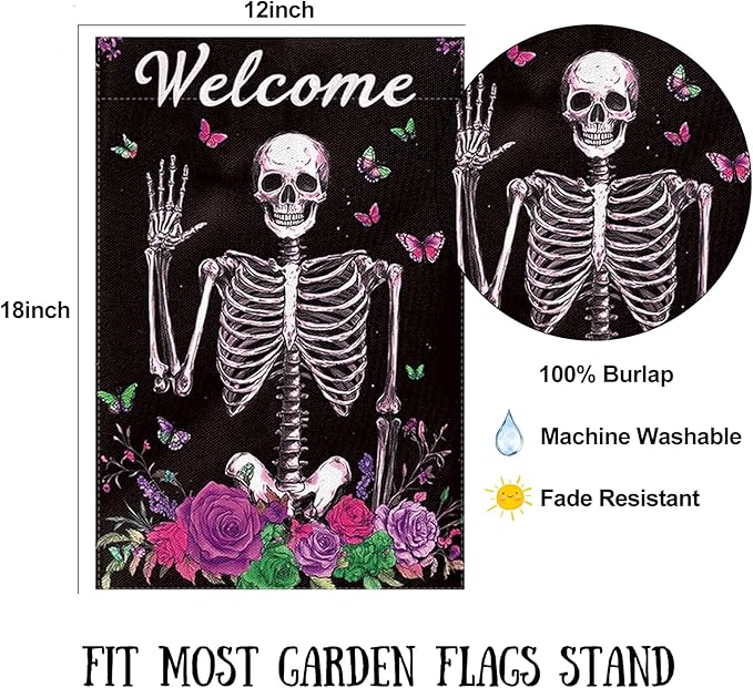 Halloween Garden Flag 12 x 18 Inch Double Sided Skeleton Rose Butterfly Designs Welcome Fall Autumn Burlap Yard Flag for Outside Rustic Yard Outdoor Holiday Home Decoration