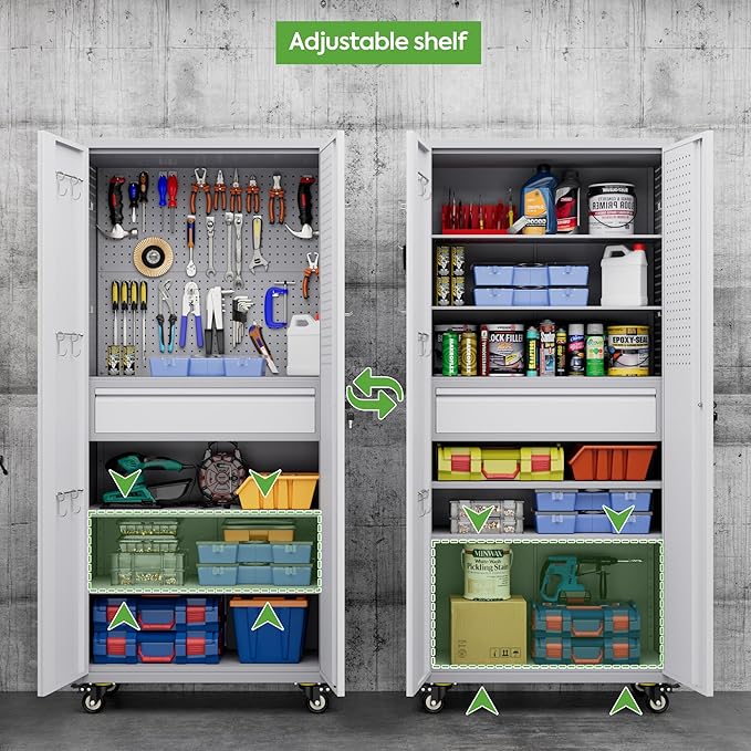 71" H Metal Garage Storage Cabinet with Wheels and Doors,Rolling Tool Cabinet with Pegboard,Rod and Drawer for Garage Warehouse Home,Required Assembly,Grey and White