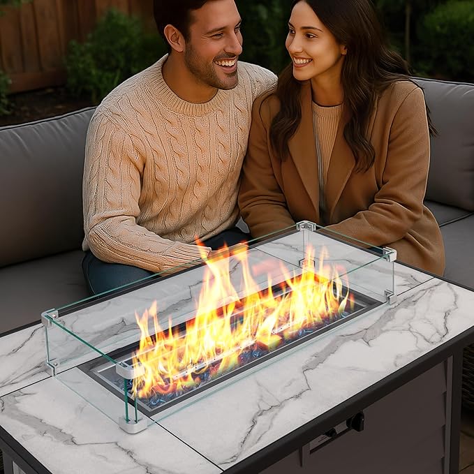 Nuu Garden 43'' Patio Propane Fire Pit Table, 50,000 BTU Gas Fire Pit with Marble-Textured Glass Top, Wind Guard, Lid, Glass Beads, CSA-Certified, 2-in-1 Outdoor Table for Gatherings, Ivory White