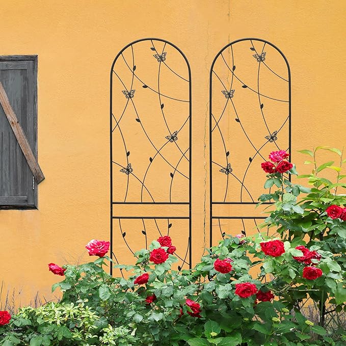 4 Pack Metal Garden Trellis 86.7" Tall Outdoor Climbing Plant Support for Roses, Flowers, Rustproof Durable Black Galvanized Tube, Lawn Garden Fence Decor Screen (4, Black flutter-86.7" H)