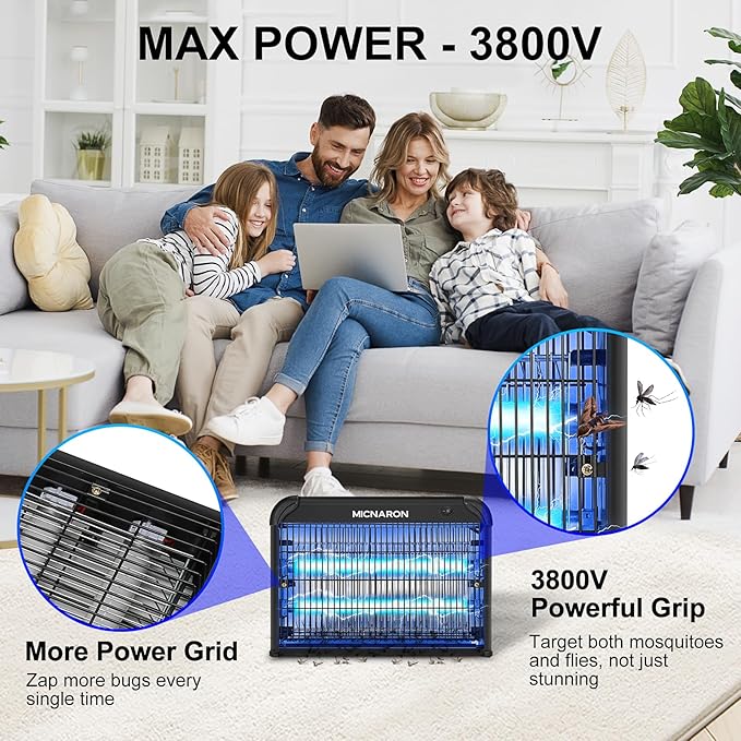Upgraded Indoor Bug Zapper, 3800V Powerful Electric Indoor Insect Killer - 2 Extra Replacement Bulbs, Fruit Fly Trap Bug Mosquito Killer Lamp