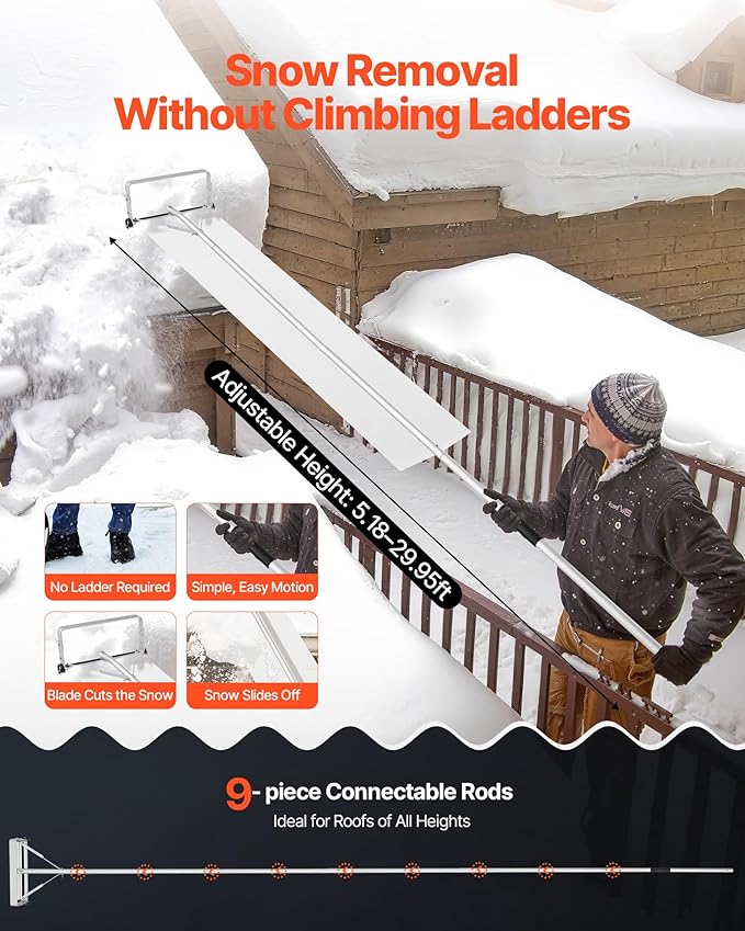 VEVOR Snow Roof Rake, 18.5 in Aluminum Blade, 5.2-30 ft Adjustable Roof Snow Scraper with Wheels & Slide, , Lightweight Snows Removal Tool for House Rooftop Leaves Debris Clearing