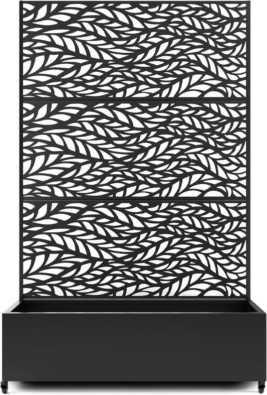 Raised Garden Bed with Trellis and Wheels,73"x47"x16" Metal Raised Garden Bed,Black Flowing Leaf Metal Planter with Climbing Trellis for Vines & Vegetables