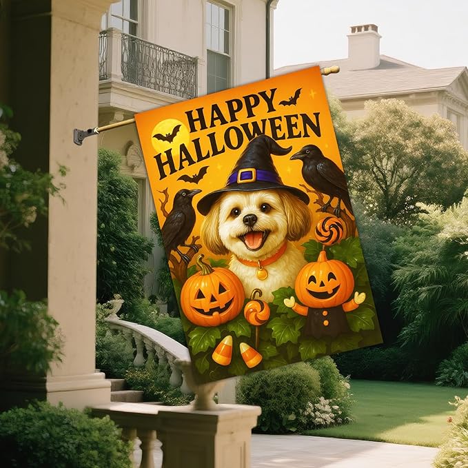 IVN Halloween Shih Tzu Garden Flag 28 x 40 Inch Double Sided House Flag with Witch Hat Pumpkin and Raven Design for Spooky Outdoor Porch Decor