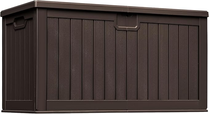 Greesum 230 Gallon HDPE Outdoor Storage Box with Removable Dividers, Weatherproof Oversized Deck Box for Patio, Garage, Garden, Brown