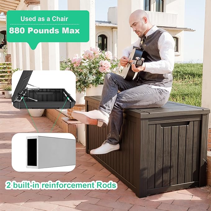 ROJIK Outdoor Storage Housing Deck Box - Waterproof Patio Furniture, Garden Tools, Cushions, Pool Accessories Storage Bench with Lockable Lid and Side Handles (Black, 180 Gal)