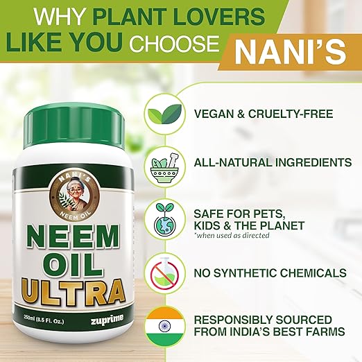 Nani’s Ultra Neem Spray Oil for Plants 8.5 oz – Cold-Pressed Concentrate Blend with 4 Potent Oils – Dilute to Make Organic Neem Oil for Plants - Indoor & Outdoor Use For Healthier Horticultural Growth