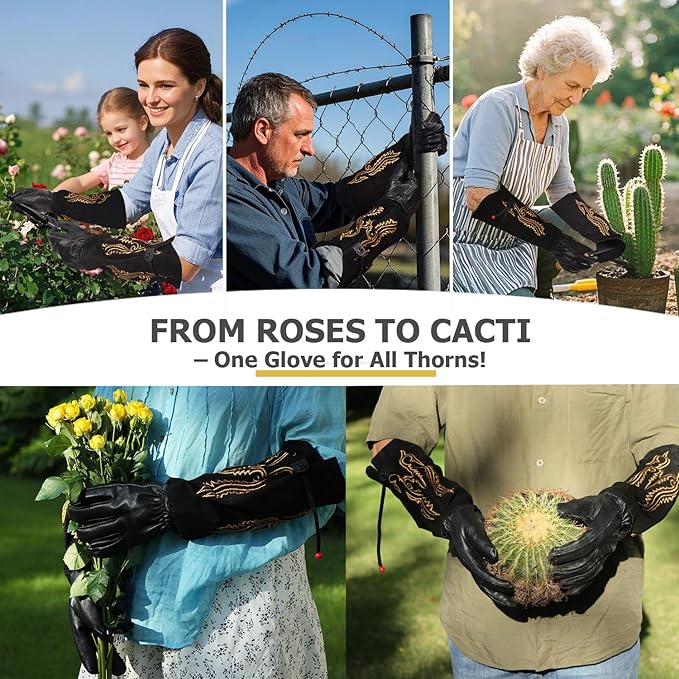 Gardening Gloves Thorn Proof for Rose Pruning & Cactus Trimming, Cowboy Western Style Long Leather Garden Gloves for Women & Men (Western Style, Large)