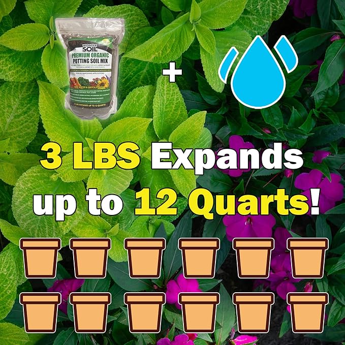 WONDER SOIL Organic Potting Soil | Ready to Plant Coco Coir Fully Loaded with Nutrients | 3 LBS Bag Expands to 12 Quarts of Indoor Outdoor Soil for Gardens & Plants | Incl Worm Castings, Perlite